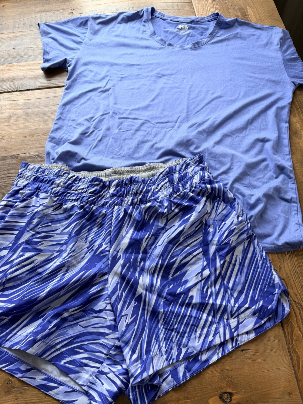 REI T-Shirt and Blue Patterned Athletic Shorts Set